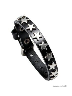 Punk Rock Gothic Biker Adjustable Leather Cuff Bracelet with Star Studded Metal